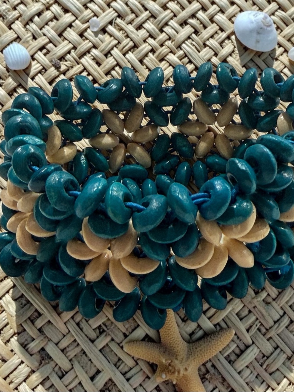 Teal and Natural Beaded Statement Bracelet